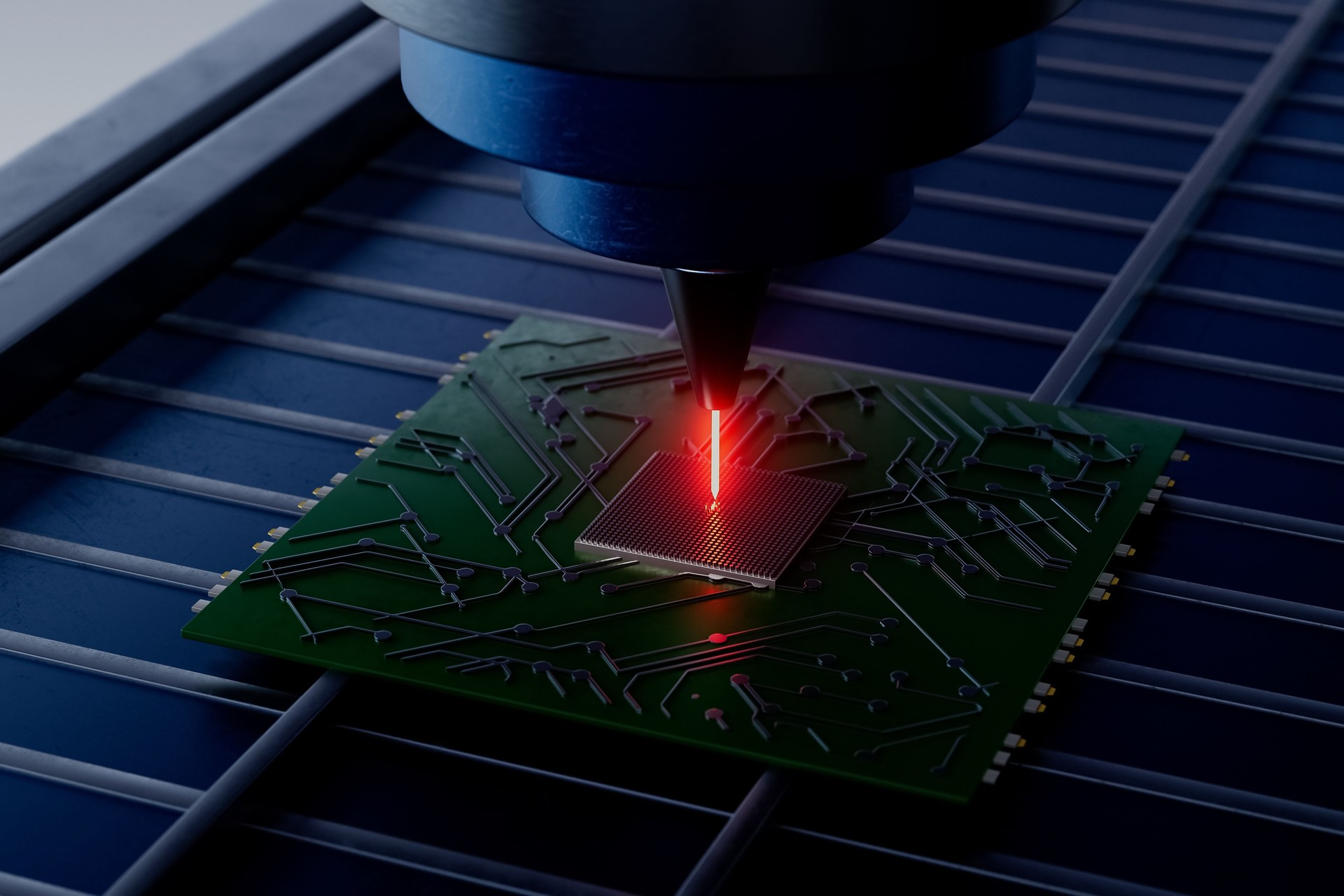 A green electronic chip is being cut by a laser